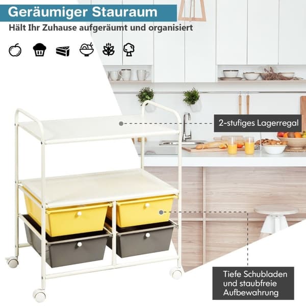 Vogn med 4 stablebare skuffer & metallramme & oppbevaringsområder rullebeholder gul