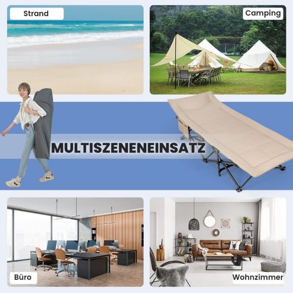 Sammenleggbar campingseng med sidelomme, feltseng, lastekapasitet opptil 200 kg, gjesteseng, khaki