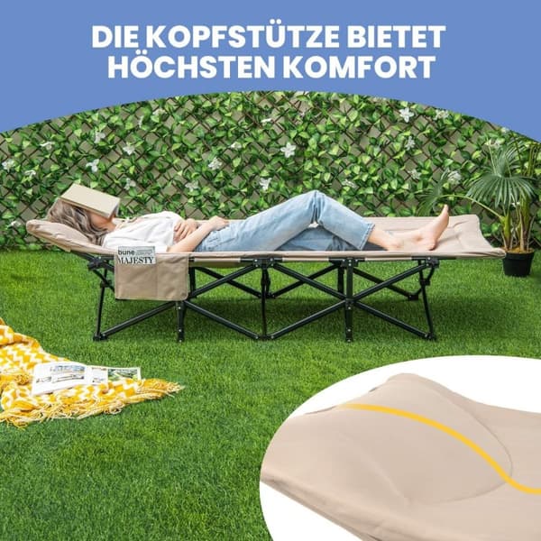 Sammenleggbar campingseng med sidelomme, feltseng, lastekapasitet opptil 200 kg, gjesteseng, khaki