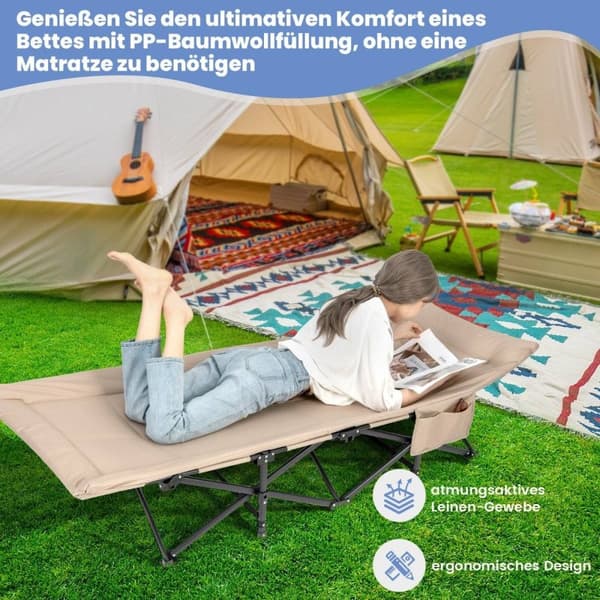 Sammenleggbar campingseng med sidelomme, feltseng, lastekapasitet opptil 200 kg, gjesteseng, khaki