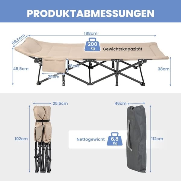 Sammenleggbar campingseng med sidelomme, feltseng, lastekapasitet opptil 200 kg, gjesteseng, khaki