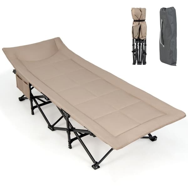 Sammenleggbar campingseng med sidelomme, feltseng, lastekapasitet opptil 200 kg, gjesteseng, khaki