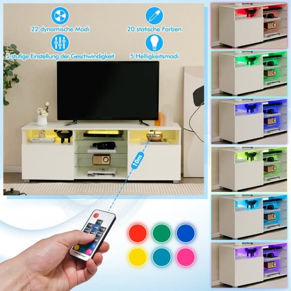 TV-skap med LED-belysning & 2 dører & justerbare glasshyller TV-stativ