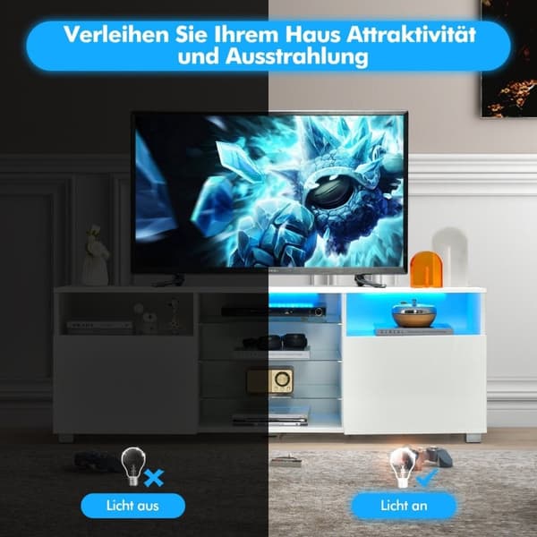 TV-skap med LED-belysning & 2 dører & justerbare glasshyller TV-stativ