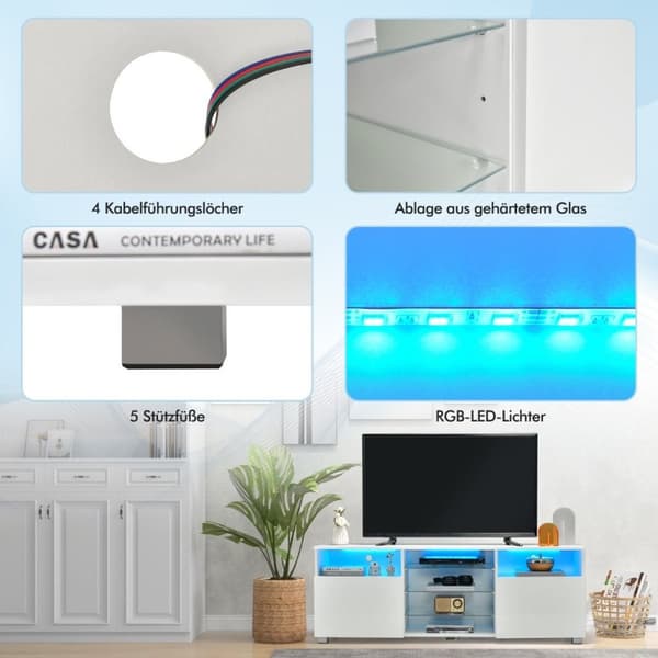 TV-skap med LED-belysning & 2 dører & justerbare glasshyller TV-stativ