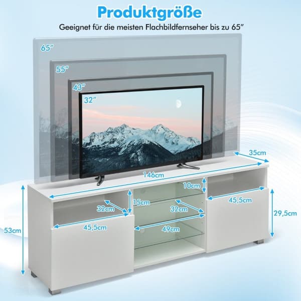 TV-skap med LED-belysning & 2 dører & justerbare glasshyller TV-stativ