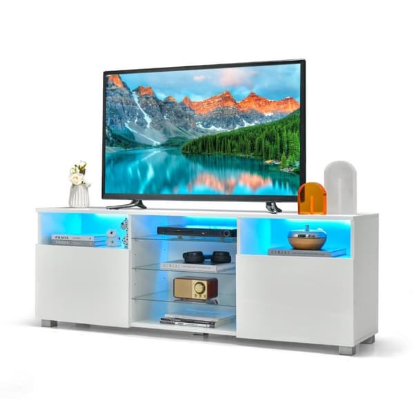 TV-skap med LED-belysning & 2 dører & justerbare glasshyller TV-stativ