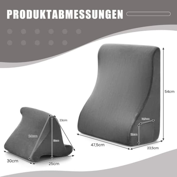 Kilepudesæt ergonomisk rygpude med sidelommer og vaskbar betræksstøttepude til nakke 47,5 x 23,5 x 54 cm grå