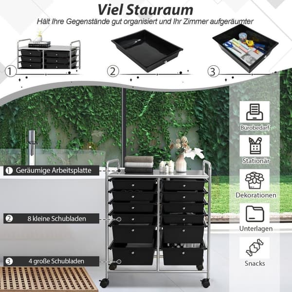 Vogn med 12 stablebare skuffer & metallramme & hylle sort