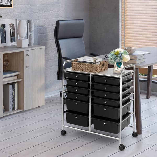 Vogn med 12 stablebare skuffer & metallramme & hylle sort