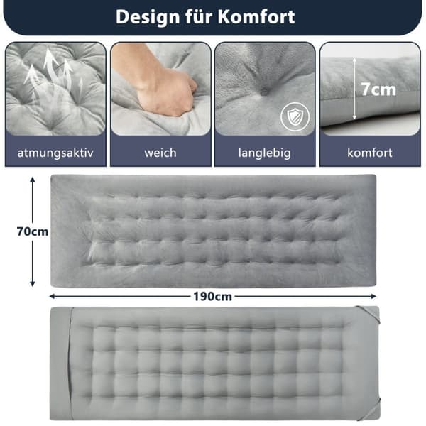 190 x 70 cm feltsengspute i bomull 7 cm tykk madrass med 4 festestropper grå