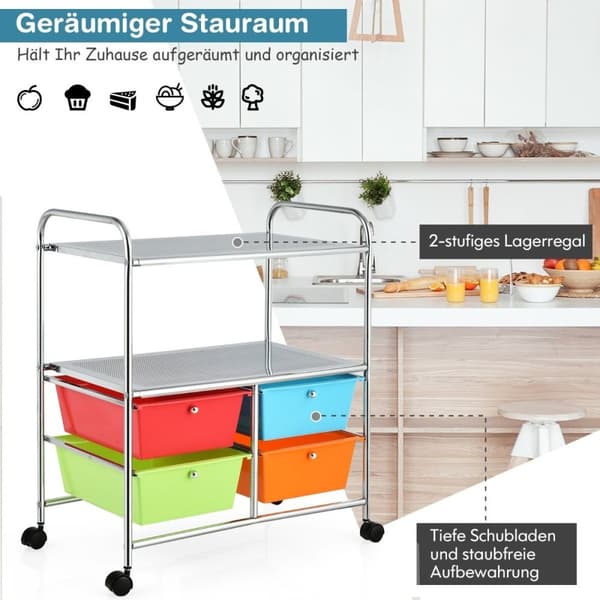 Rullvagn med 4 stapelbara lådor & metallram & hyllor rullande behållare färgglad