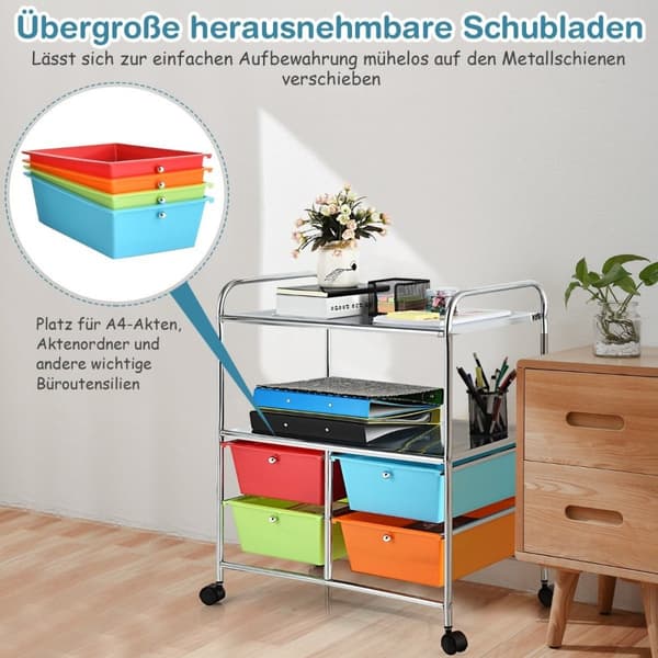 Rullvagn med 4 stapelbara lådor & metallram & hyllor rullande behållare färgglad