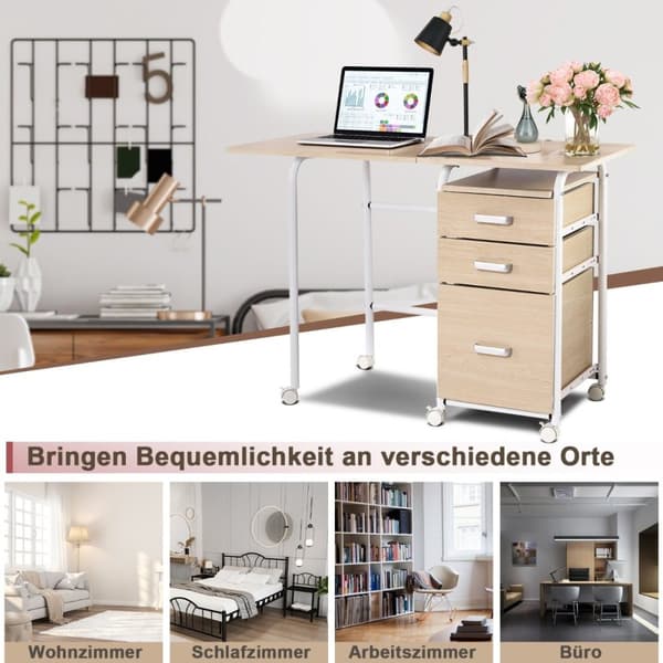 Sammenklappeligt computerbord med 3 skuffer skrivebord 105 x 50 x 75 cm natur