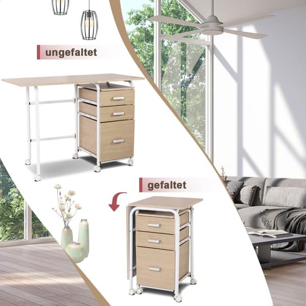 Sammenklappeligt computerbord med 3 skuffer skrivebord 105 x 50 x 75 cm natur