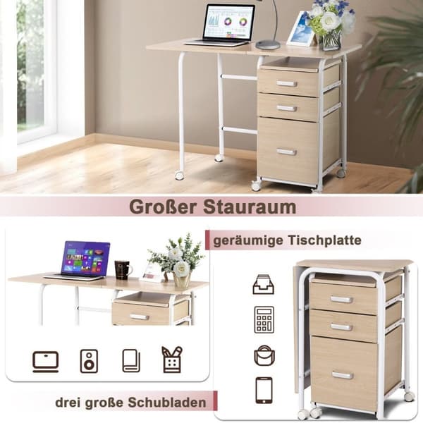 Sammenklappeligt computerbord med 3 skuffer skrivebord 105 x 50 x 75 cm natur