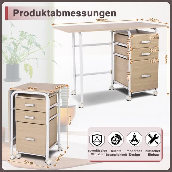 Sammenklappeligt computerbord med 3 skuffer skrivebord 105 x 50 x 75 cm natur