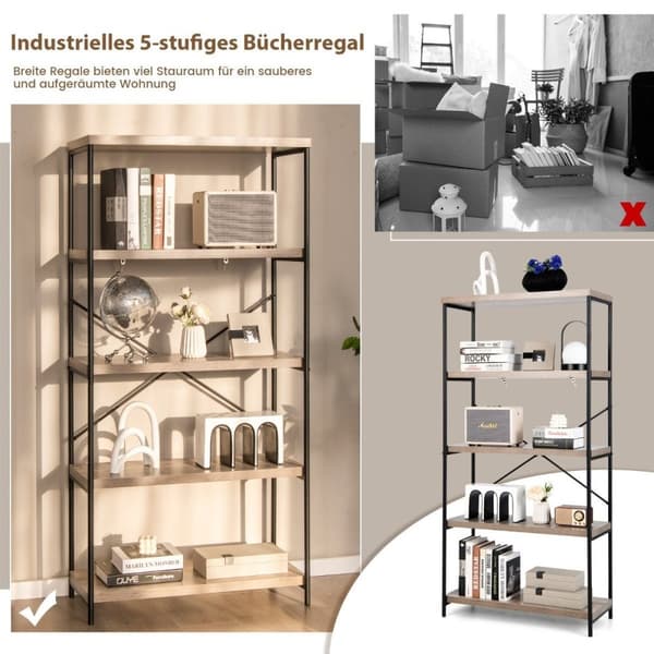 Reol med 5 niveauer & metalramme & industrielt design stående hylde kontorhylde grå