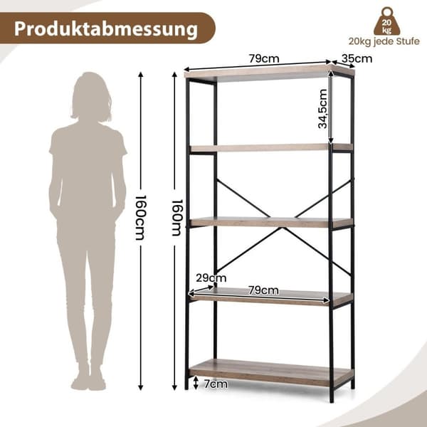 Reol med 5 niveauer & metalramme & industrielt design stående hylde kontorhylde grå