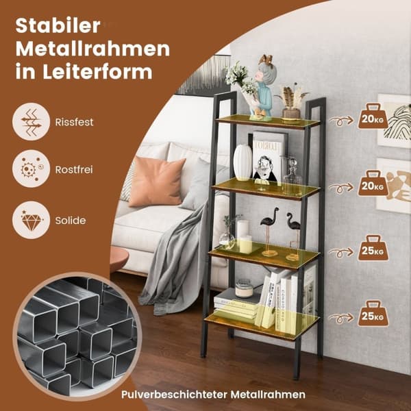 4-lags bokhylle med metallramme og justerbare fotputer Rustikkbrun