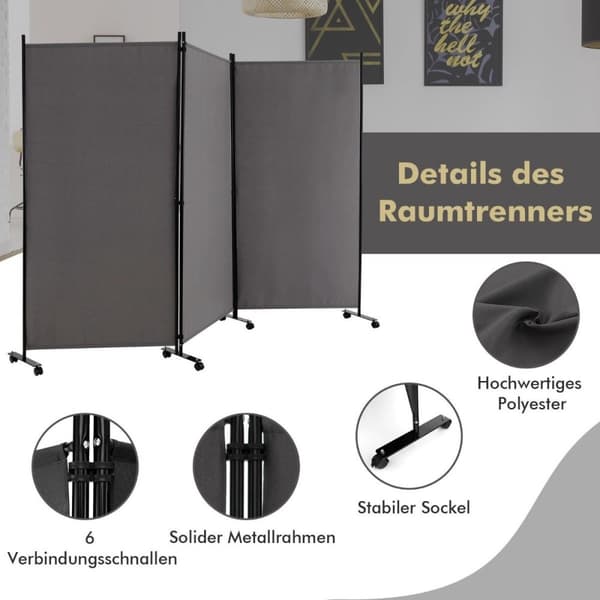 180 cm korkea tilanjakaja pyörillä, taittuva seinä 3 vapaasti yhdistettävällä paneelilla, harmaa