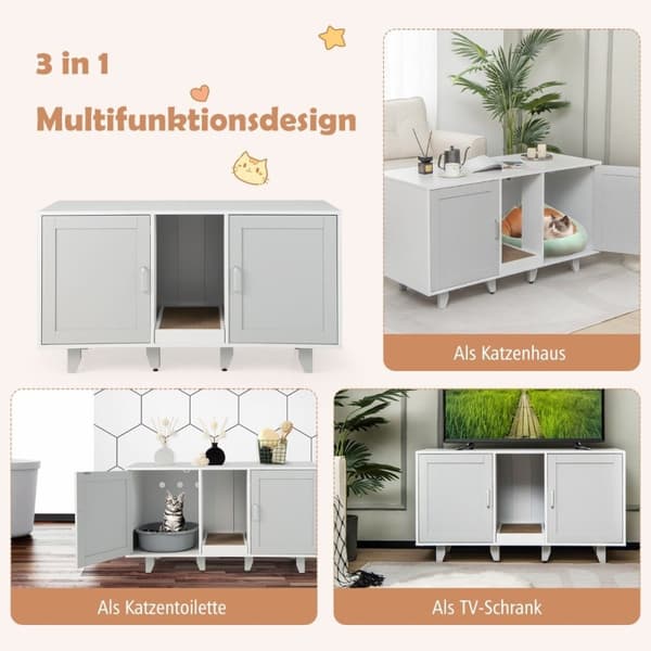 Katteskab til kattetoilet med 2 låger & kradsebræt & indgang 120 x 52 x 65 cm lysegrå