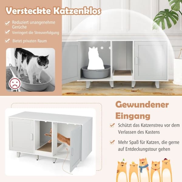 Katteskab til kattetoilet med 2 låger & kradsebræt & indgang 120 x 52 x 65 cm lysegrå