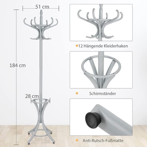 184 cm klädstativ med paraplyhållare jackstativ med 12 klädkrokar grå