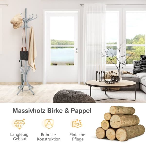 184 cm knageholder med paraplyholder jakkestander med 12 knager grå