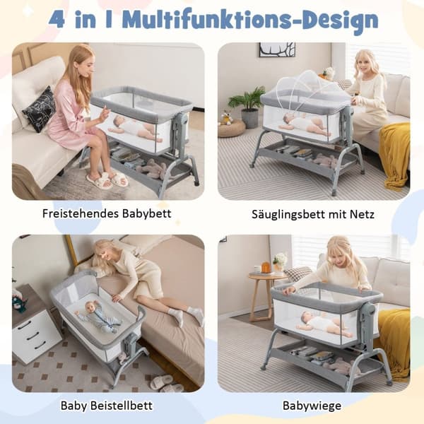 4 in 1 siirrettävä vauvansänky hyttysverkolla ja patjalla ja 6 säädettävällä korkeudella harmaa