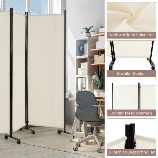 6-delt foldbar rumdeler 172 cm høj privatskærm med låsbare hjul beige