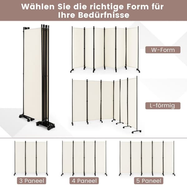 6-delt foldbar rumdeler 172 cm høj privatskærm med låsbare hjul beige