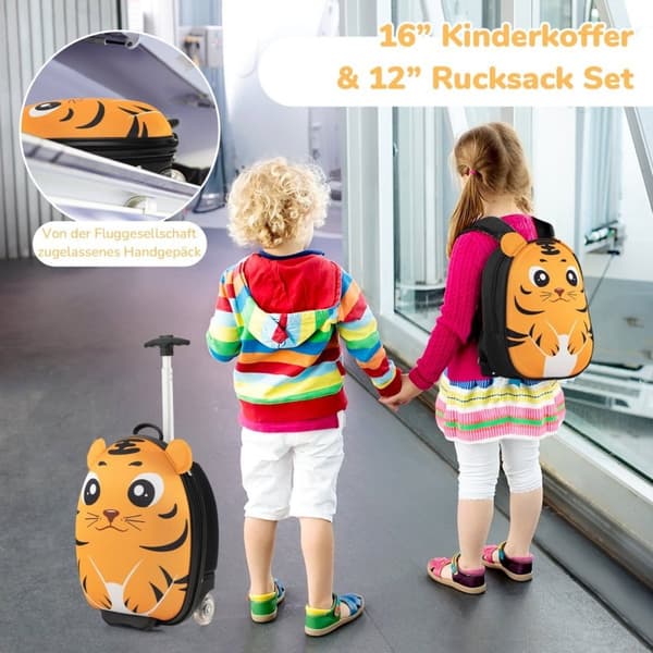 2-delt barnekoffert & ryggsekk med hjul og 3-trinns teleskophåndtak 12"+16" barnevogn Tiger