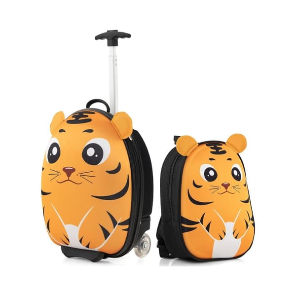 2-delt børnekuffert & rygsæk med hjul & 3-trins teleskophåndtag 12"+16" børnevogn Tiger