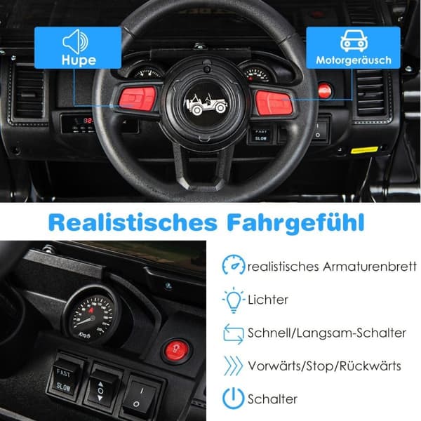 12V børne 2 pers elbil med fjernbetjening & horn & forlygte sort