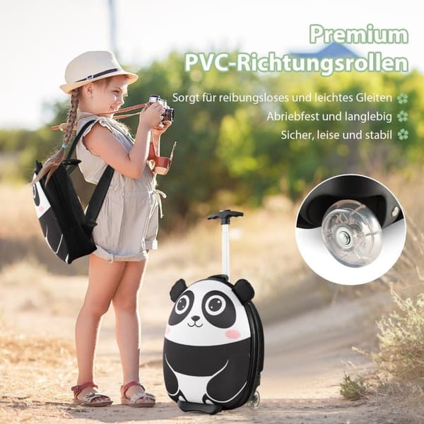 2-osainen lasten matkalaukku & reppu pyörillä ja 3-vaiheisella teleskooppikahvalla 12"+16" lasten vaunu Panda