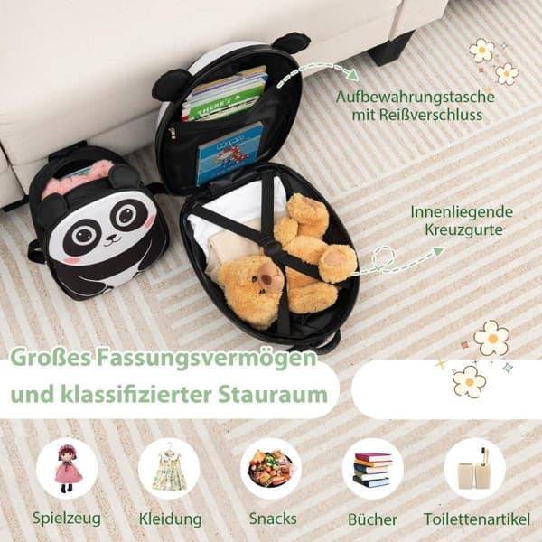 2-osainen lasten matkalaukku & reppu pyörillä ja 3-vaiheisella teleskooppikahvalla 12"+16" lasten vaunu Panda