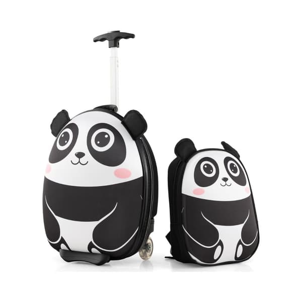 2-delt børnekuffert & rygsæk med hjul & 3-trins teleskophåndtag 12"+16" børnevogn Panda