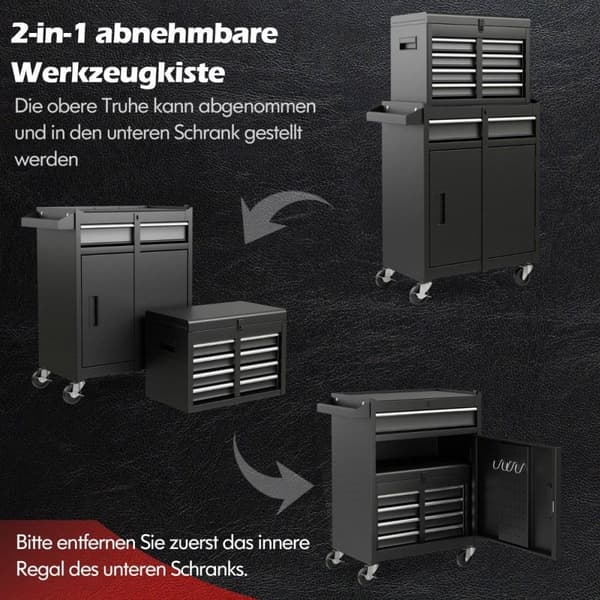 2 i 1 verkstedvogn inkludert koffert & 8 rom & kroker & justerbar hylle 100 kg lastekapasitet