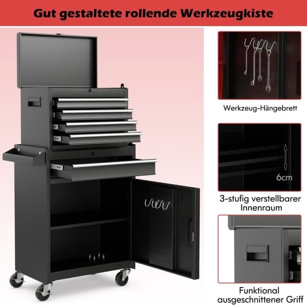 2 i 1 verkstedvogn inkludert koffert & 8 rom & kroker & justerbar hylle 100 kg lastekapasitet