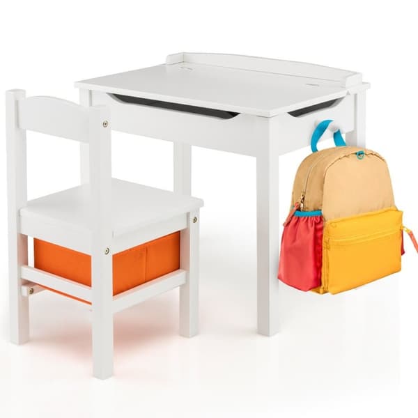 Barnebord + stol laget av heltre med sammenleggbar bordplate & skuff & kroker hvit