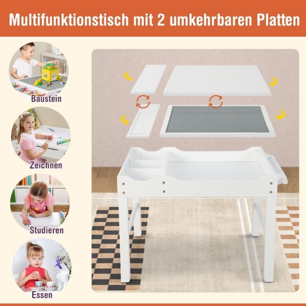 2 i 1 børnebord lavet af fyrretræ med vendbar bordplade & opbevaringsplads & hvid papirrulle