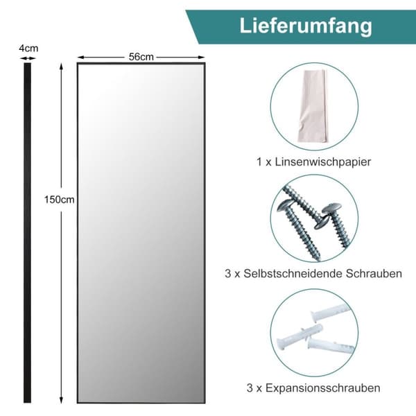 56 x 150 cm HD-täyspitkä peili ripustettavaksi tai kallistettavaan seinäpeiliin musta