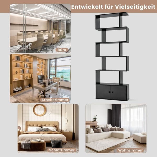 Bokhylle med dører og 5 plan stående hylle laget av tre 183 x 70 x 23 cm romdeler svart