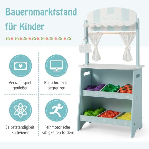 Barnebutikk laget av tre med soltak & oppbevaringsrom & reklameskilt & grønnsaker blå