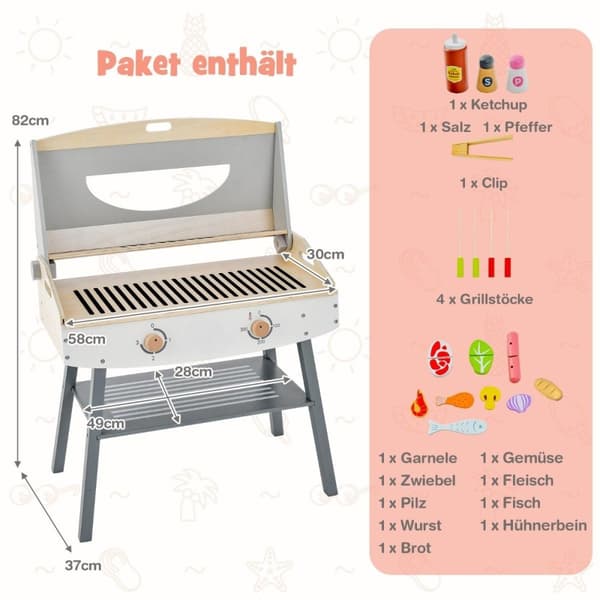 Barnegrilllekesett, lekekjøkken i tre med brakett, 4 grillstenger, lekegrillsett