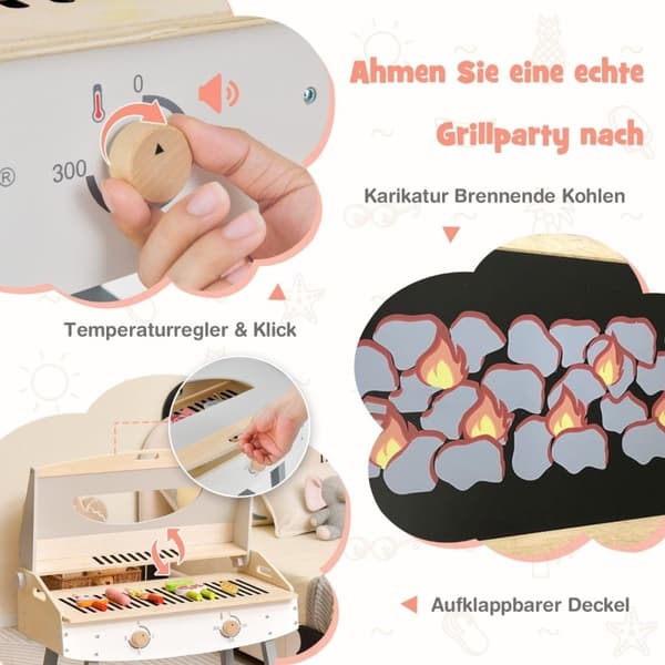 Barnegrilllekesett, lekekjøkken i tre med brakett, 4 grillstenger, lekegrillsett