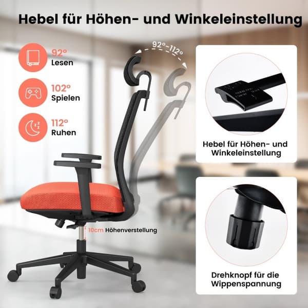 Ergonomisk kontorstol med ryglæn & lændestøtte & komfortabel 3D nakkestøtte op til 180 kg