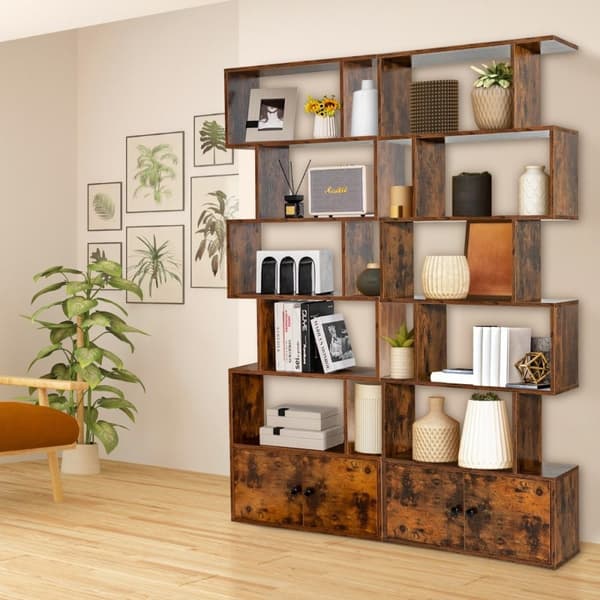 Kirjahylly ovilla ja 5 tasoinen seisova hylly puusta 183 x 70 x 23 cm huoneenjakaja ruskea