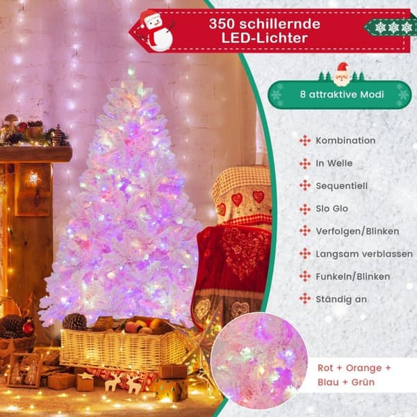 180 cm stor flockad konstgjord julgran med 808 PVC-grenspetsar 350 LED-lampor och 8 belysningslägen